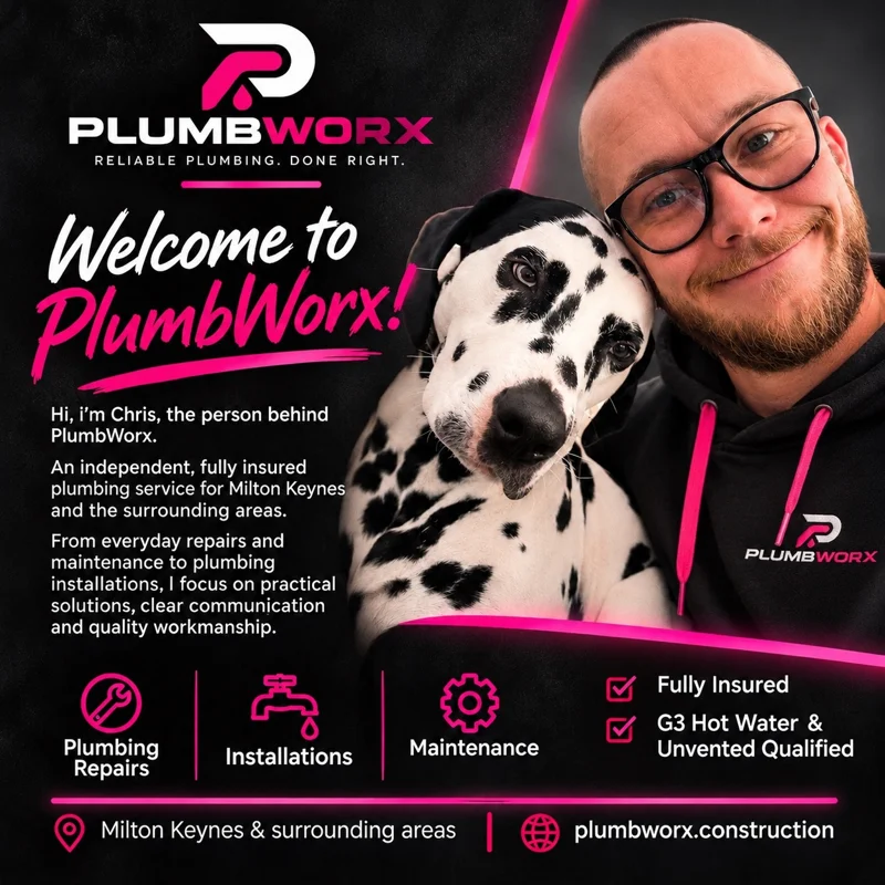 Supplied PlumbWorx welcome photograph featuring Chris and his Dalmatian Max